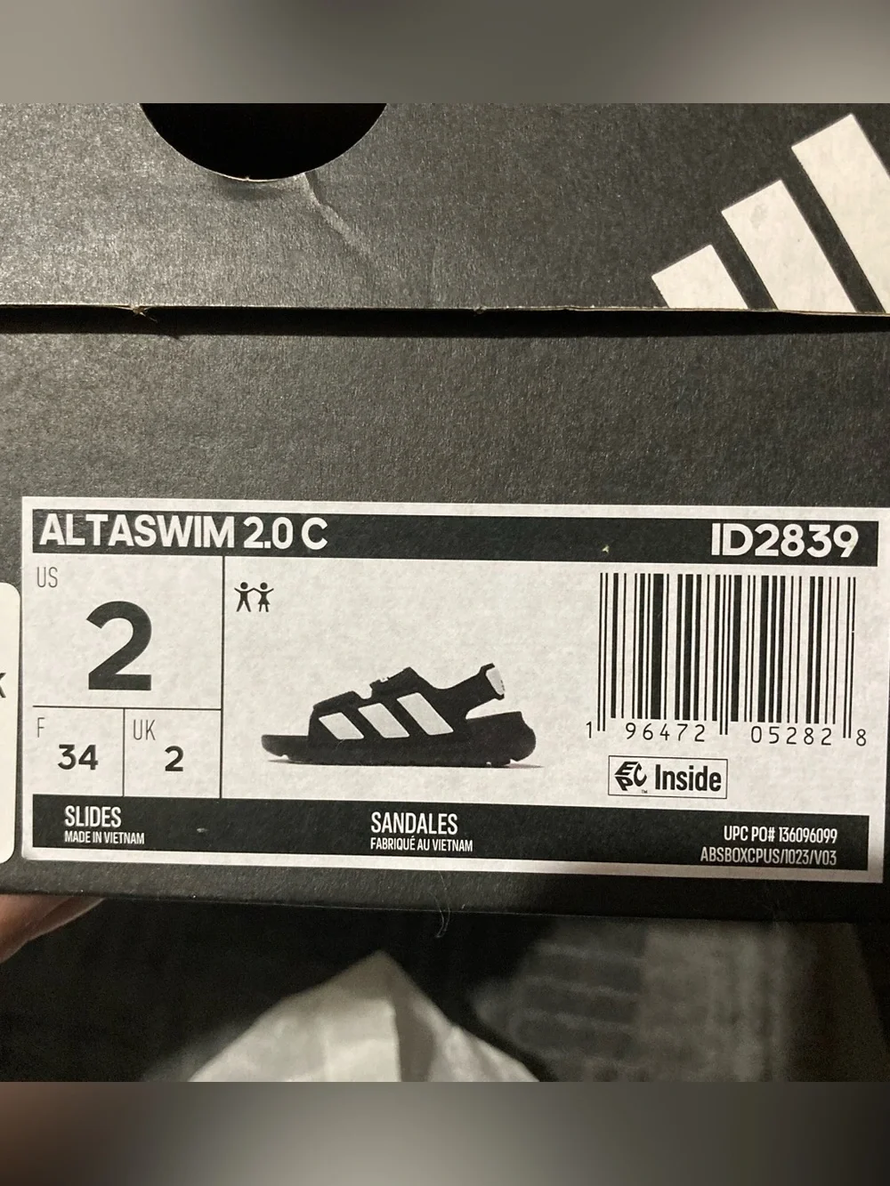 NEW Kids' Adidas Black Altaswim 2.0 Water Shoes Sandals - Size 2